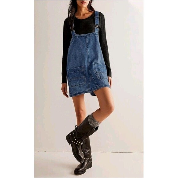 Womens M Casual Denim Overalls Dress Adjustable Strap Summer Mini Jean New - Picture 4 of 12